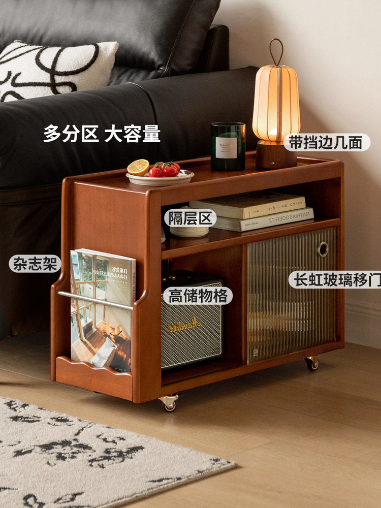 Solid wood side table, living room mid-century style sofa side cabinet, vintage mobile coffee table storage trolley
